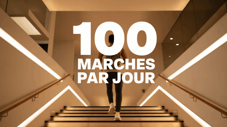 Personne montant escalier intérieur lumineux, 100 marches par jour