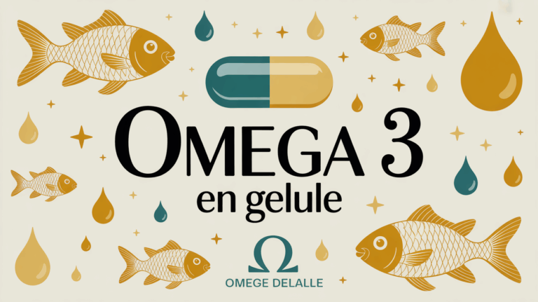 Omega 3 en gelule sur fond clair avec poissons stylises