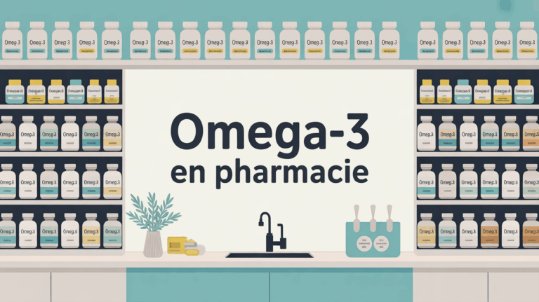Vue pharmacie moderne flacons omega-3
