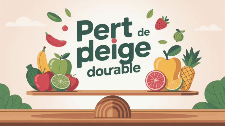 Balance moderne entourée de fruits et légumes, symbole perte de poids durable