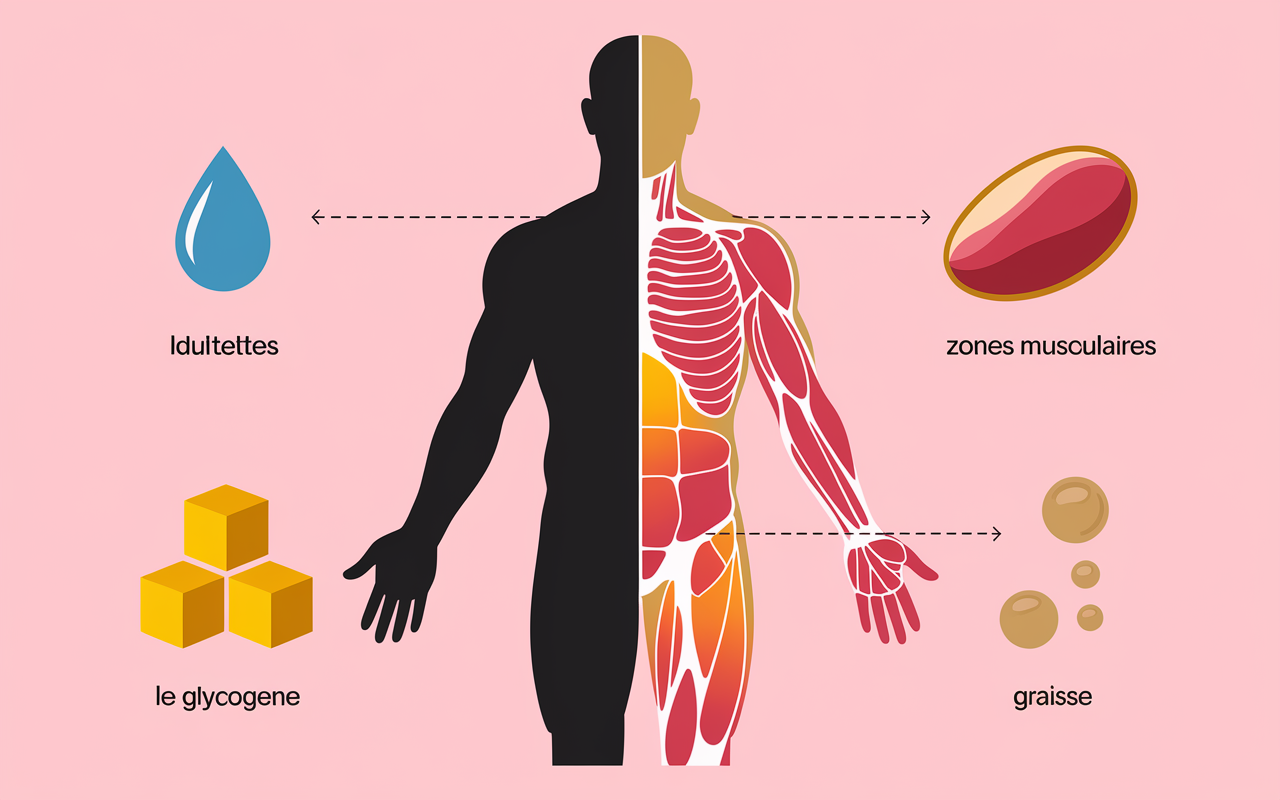 Schema corps flèches pertes eau glycogene graisse