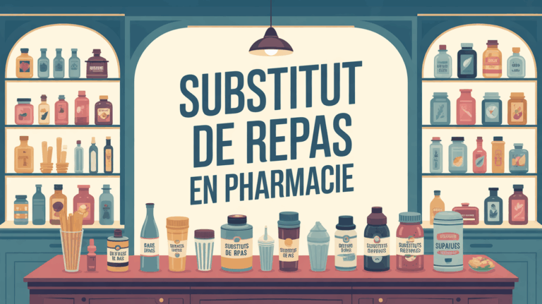 Vue pharmacie moderne, substituts repas sur table, ambiance rassurante