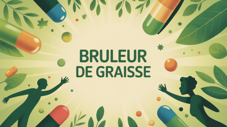 Illustration balance, gélules, silhouettes actives, feuilles vertes, brûleur de graisse