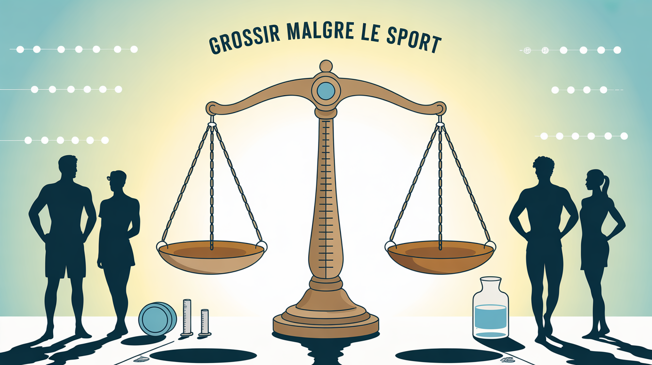 Balance, haltères, mètre ruban et eau symbole grossir malgre le sport
