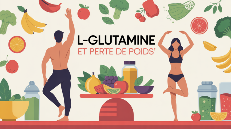 Illustration L-glutamine et perte de poids, silhouettes sur balance cuisine healthy