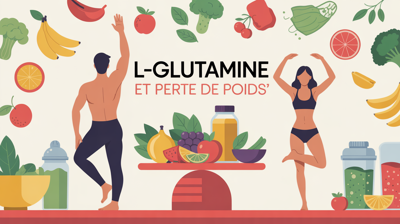 Illustration L-glutamine et perte de poids, silhouettes sur balance cuisine healthy