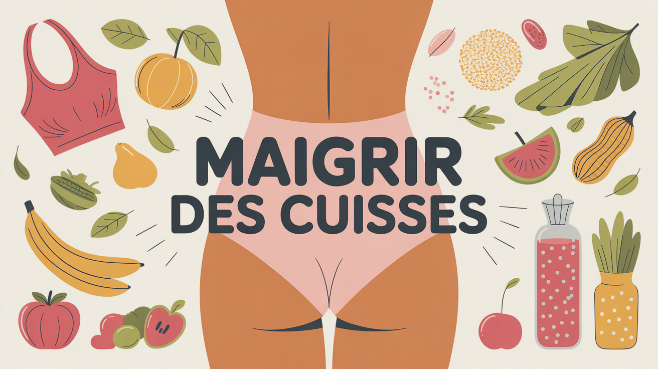 Illustration stylisée maigrir des cuisses femme avec aliments et sport