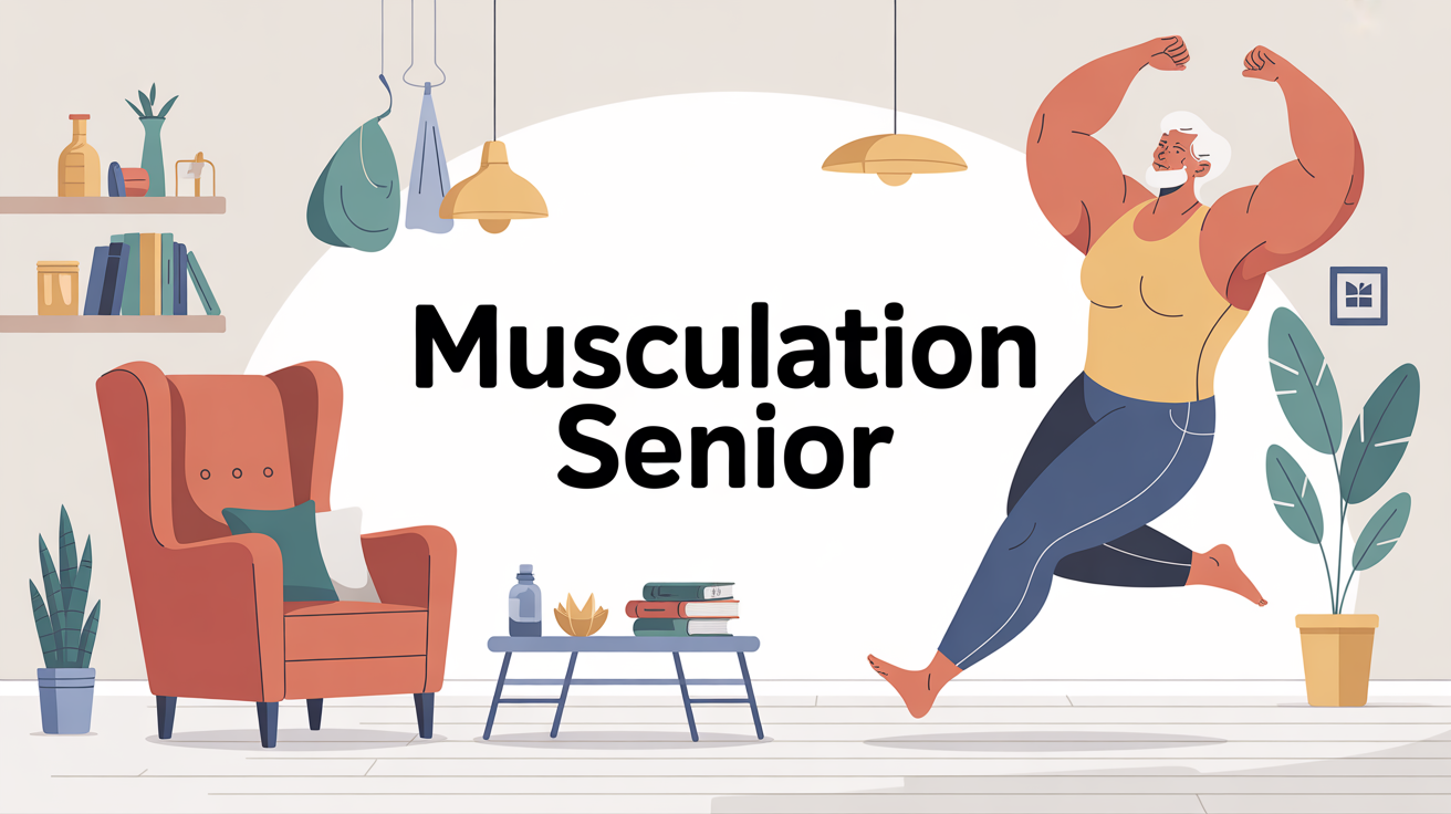 Illustration musculation senior dans un salon avec accessoires