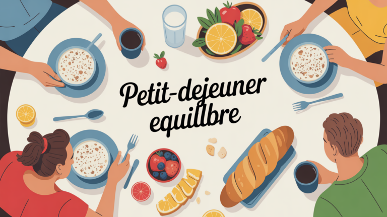 Petit déjeuner équilibré avec flocons d’avoine, fruits, pain complet, yaourt