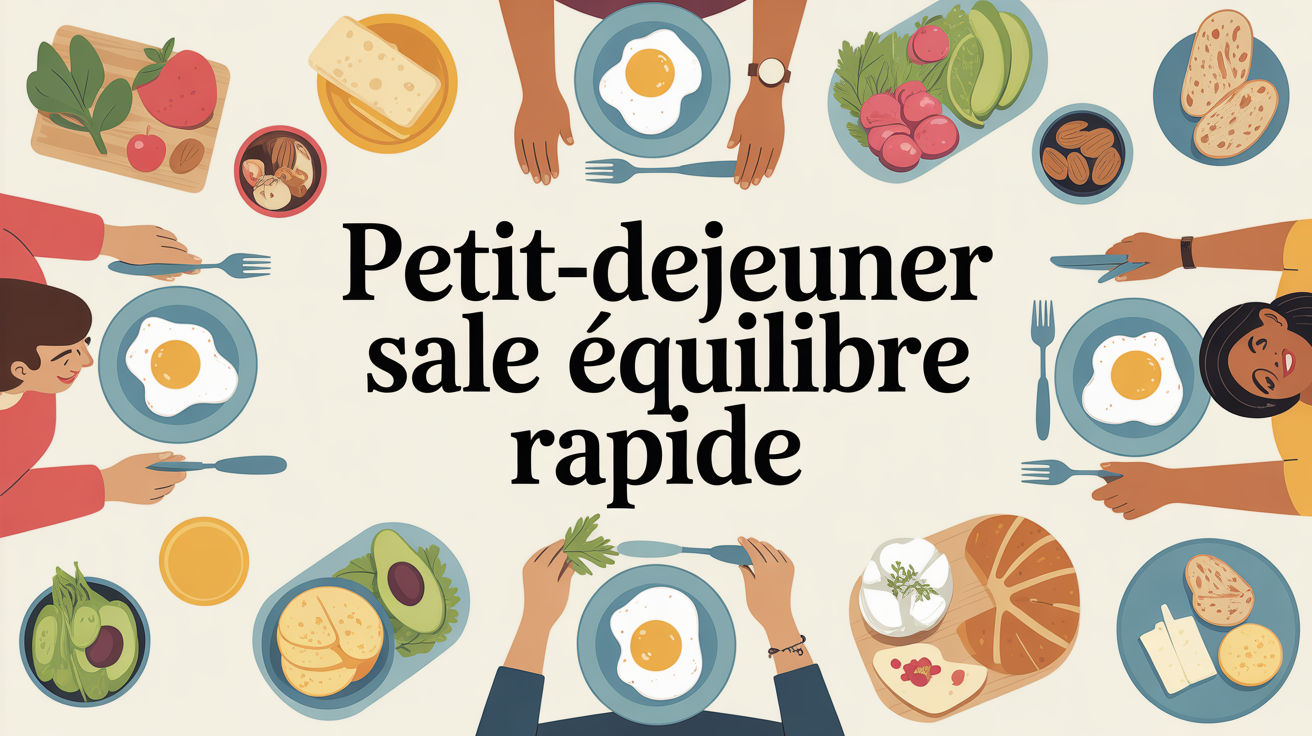 Petit déjeuner salé équilibré rapide sur table, aliments variés, ambiance matinale