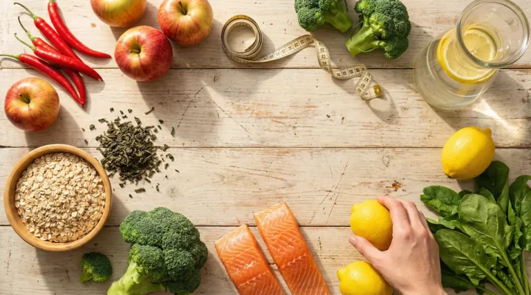 aliments brûle graisse variés présentés sur table