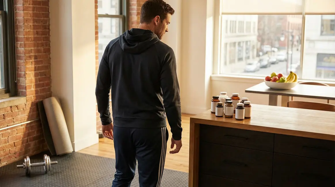Homme en sport avec compléments brûleurs de graisse et fruits