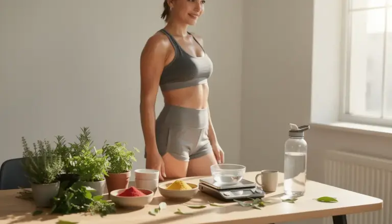 bruleur de graisse naturel femme devant plantes et poudres