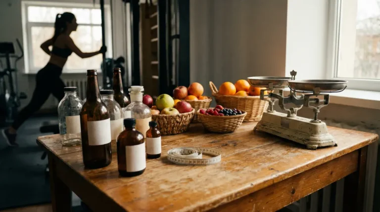 Flacons brûleurs de graisse femme, fruits et accessoires sur table