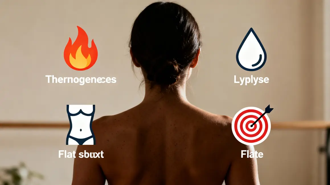 Schéma brûleurs de graisse femme, silhouette, pictos thermogenèse lipolyse satiété