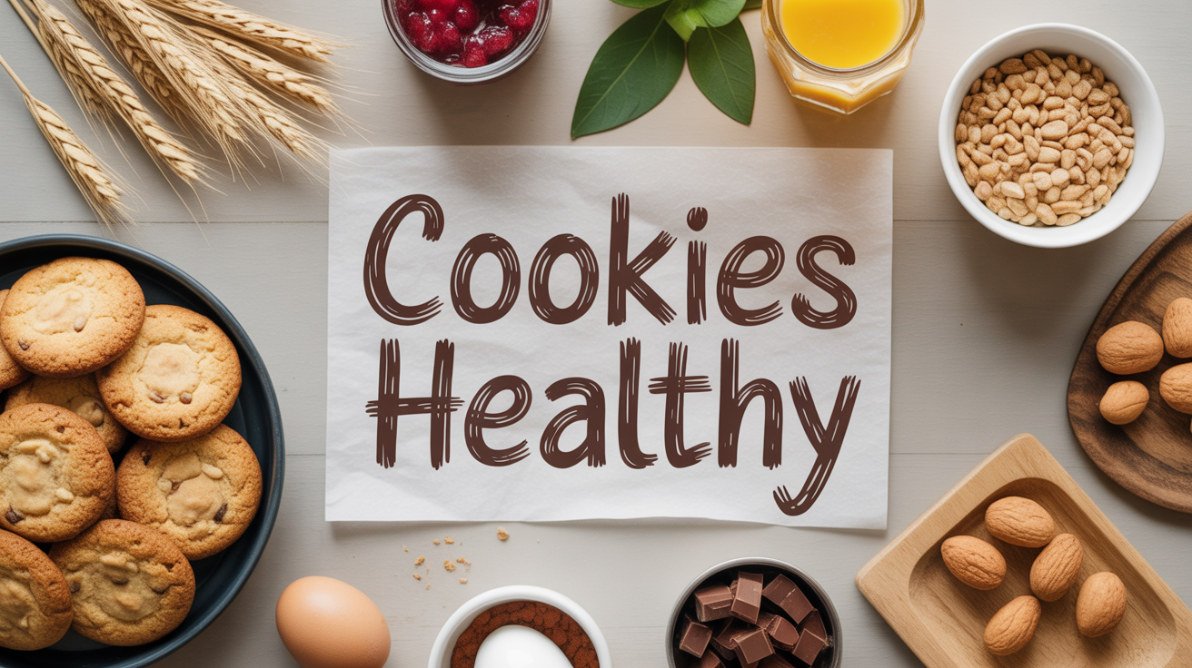 Cookies healthy beurre de cacahuète sur table bois ingrédients naturels