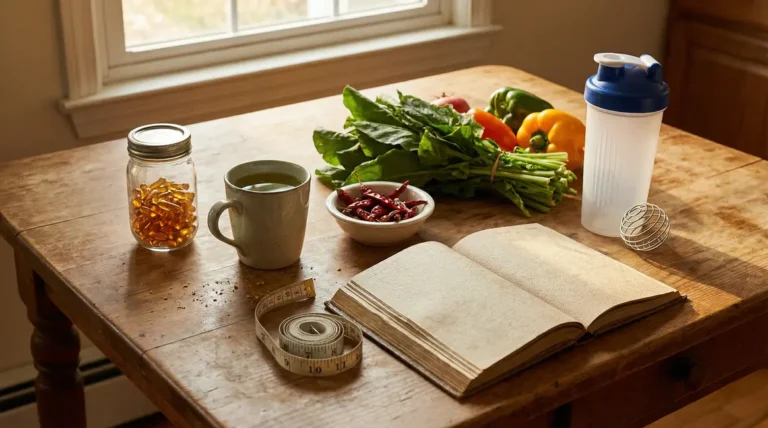 compléments naturels coupe-faim et bruleurs de graisse sur table de cuisine