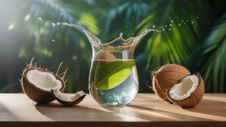 Eau de coco verre sur table tropicale, noix de coco, splash