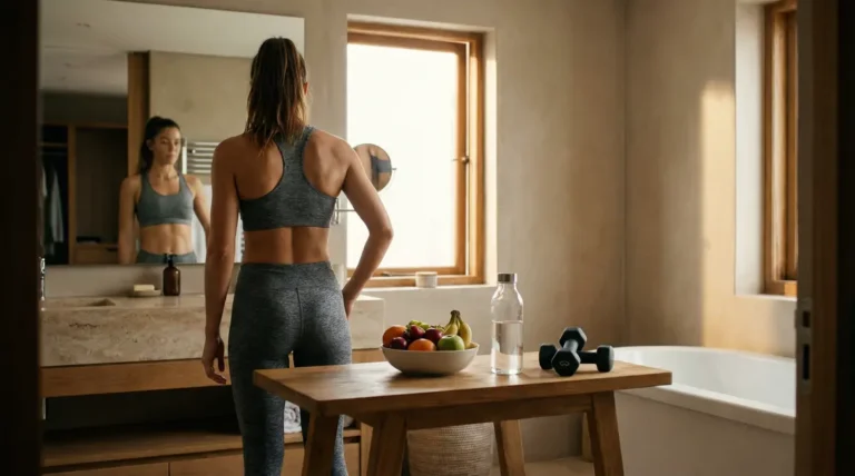 femme active ventre plat salle de bain moderne