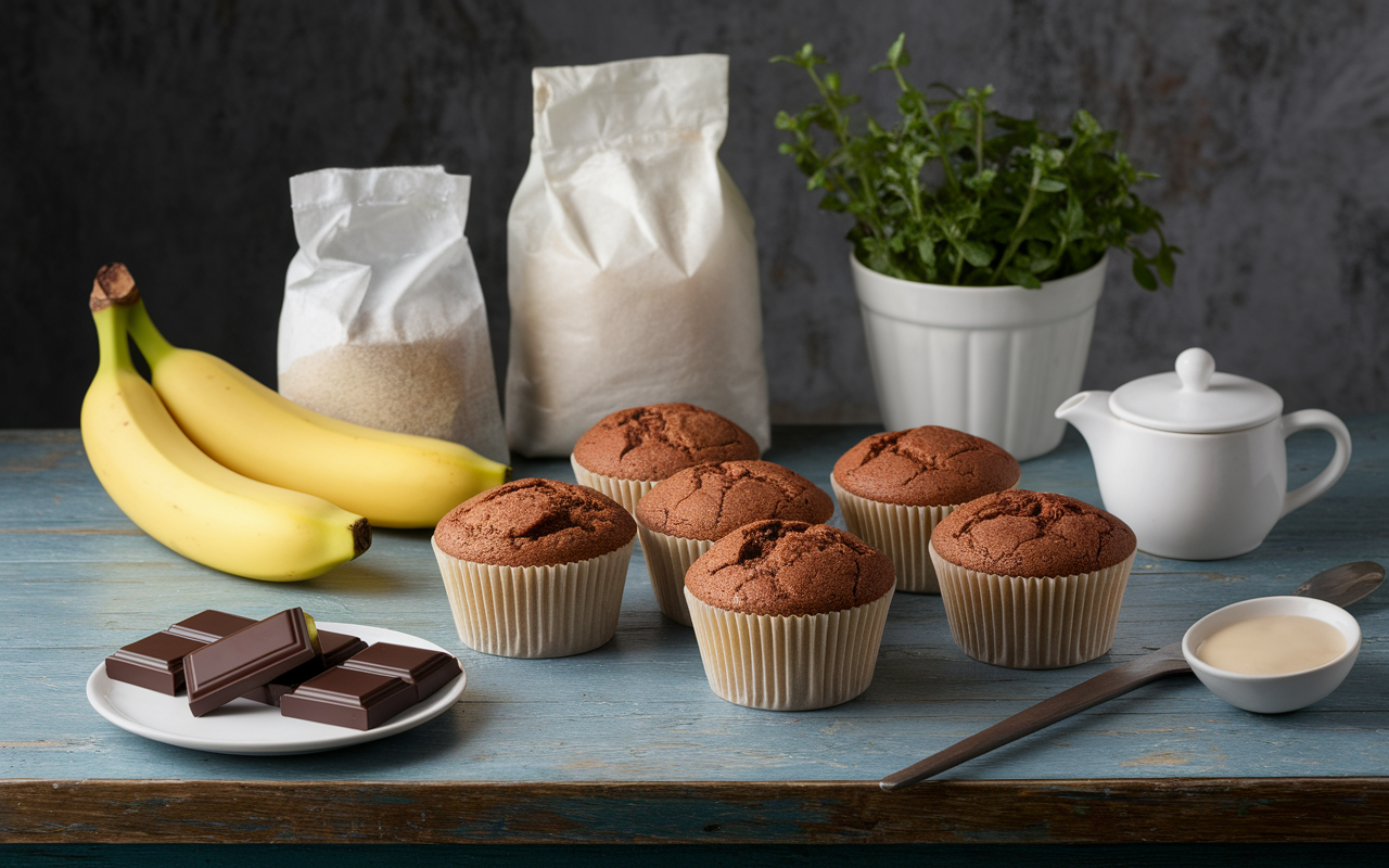 Ingrédients et muffins banane chocolat healthy sur table