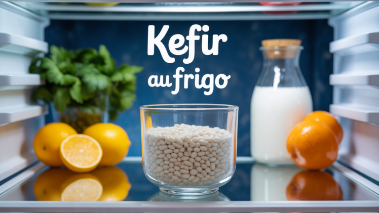 Grains de kefir au frigo dans bocal verre