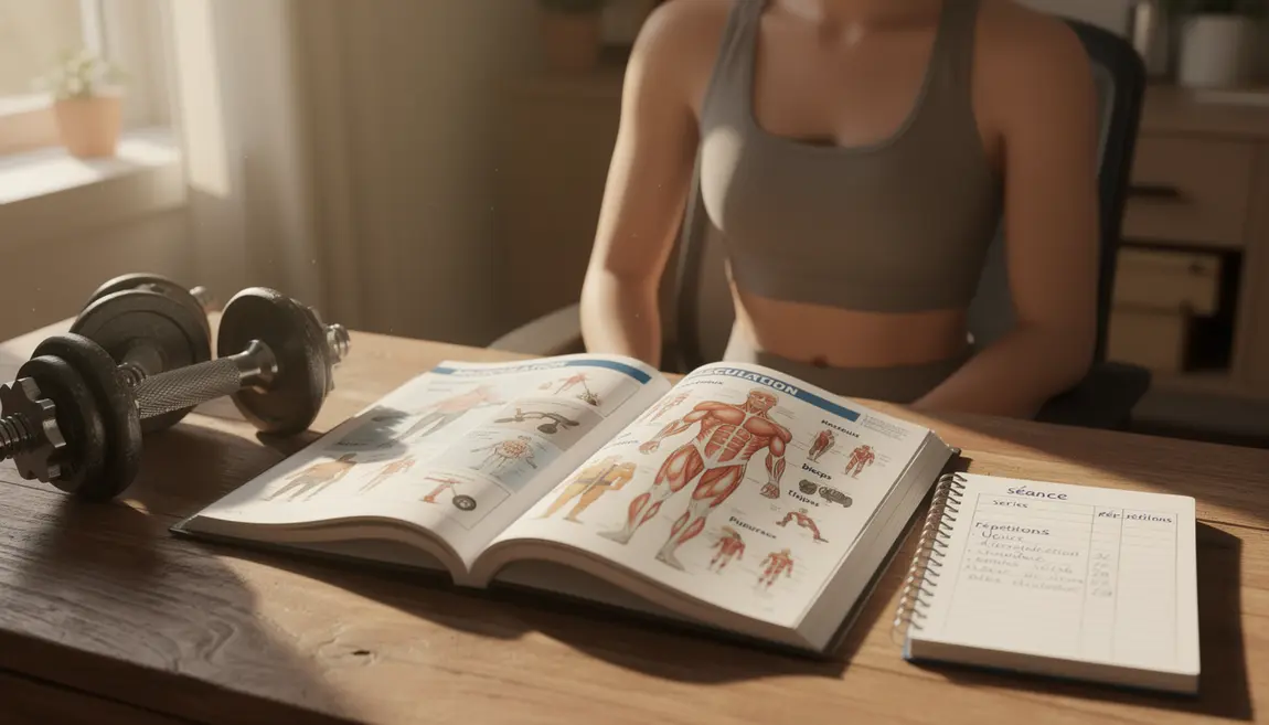 Livre de musculation ouvert avec illustrations programmes