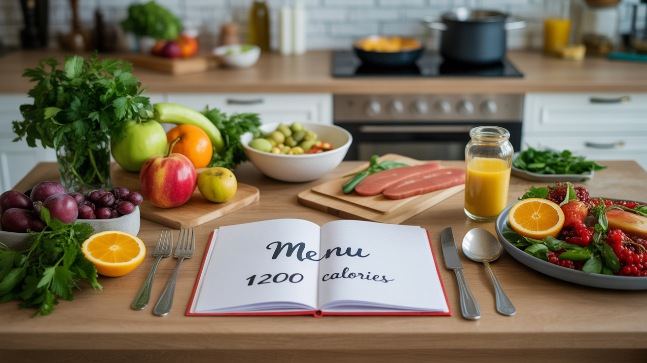 menu 1200 calories sur table avec aliments sains