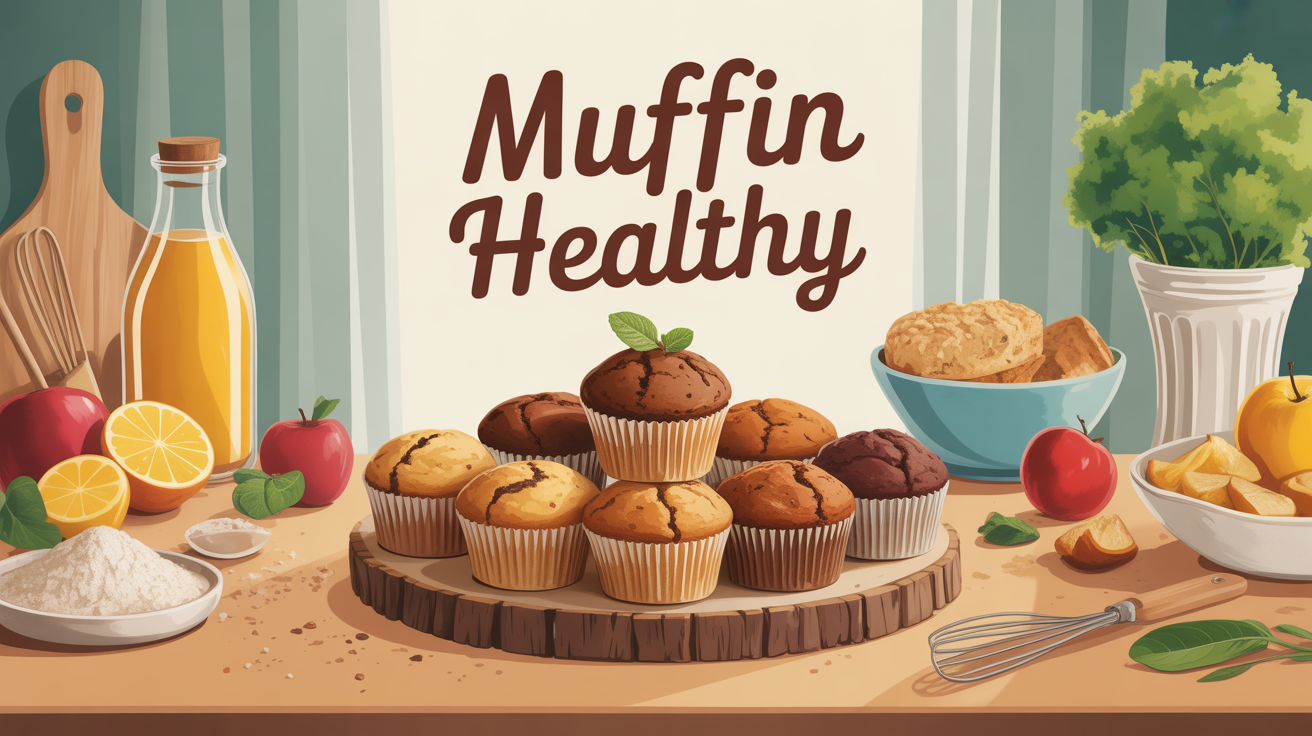 plateau de muffins healthy et ingrédients sur table