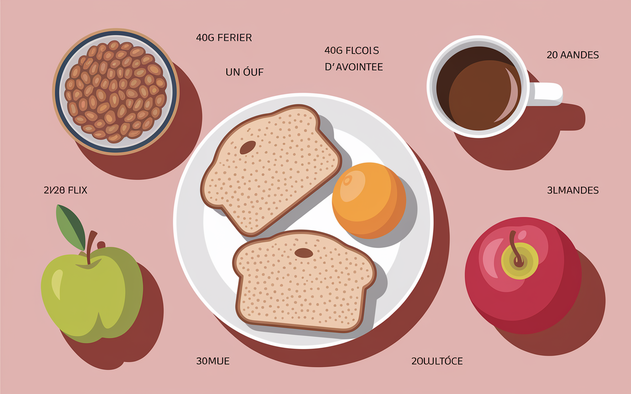 Petit dejeuner sain assiette pain complet oeuf flocons avoine amandes fruit the