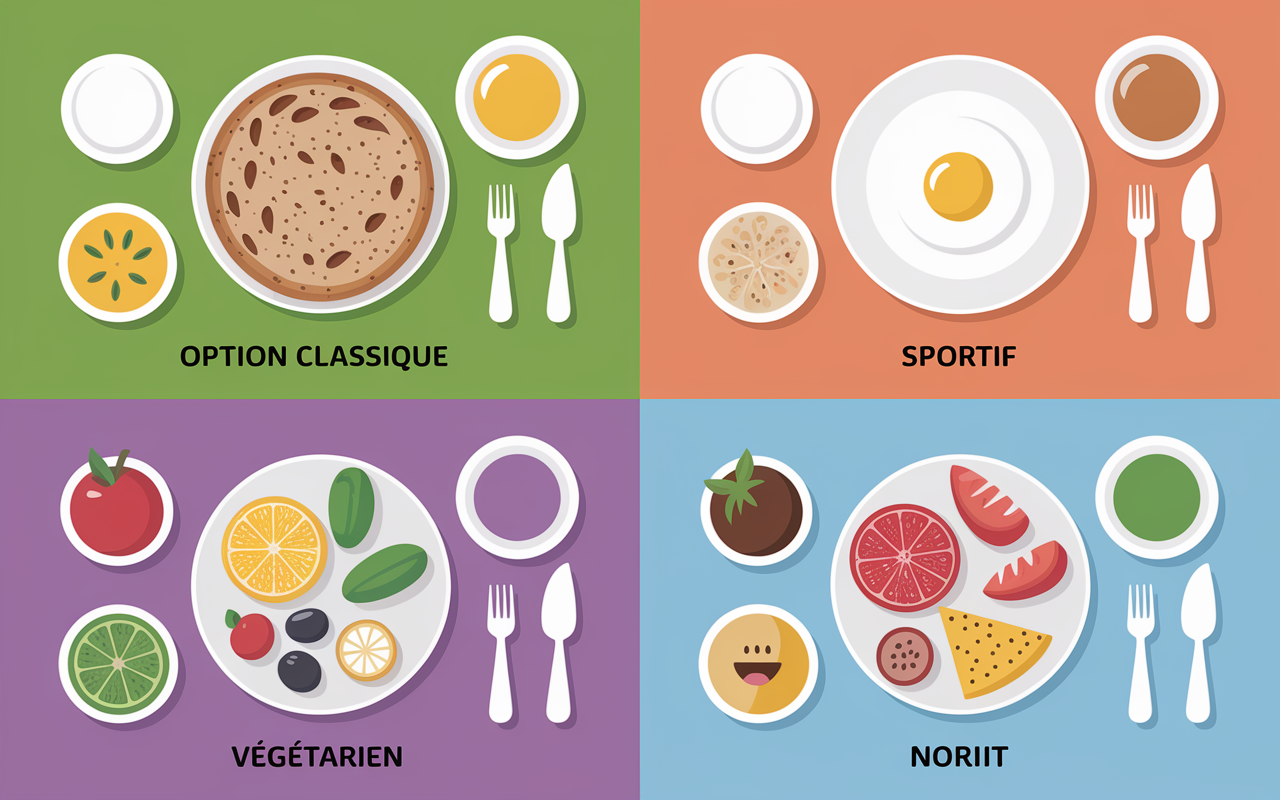 Petit dejeuner sain variantes plateau classique sportif vegetarien enfant