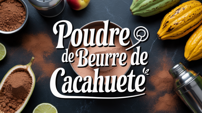 Poudre de beurre de cacahuète en bol avec shaker, fruits et cacahuètes