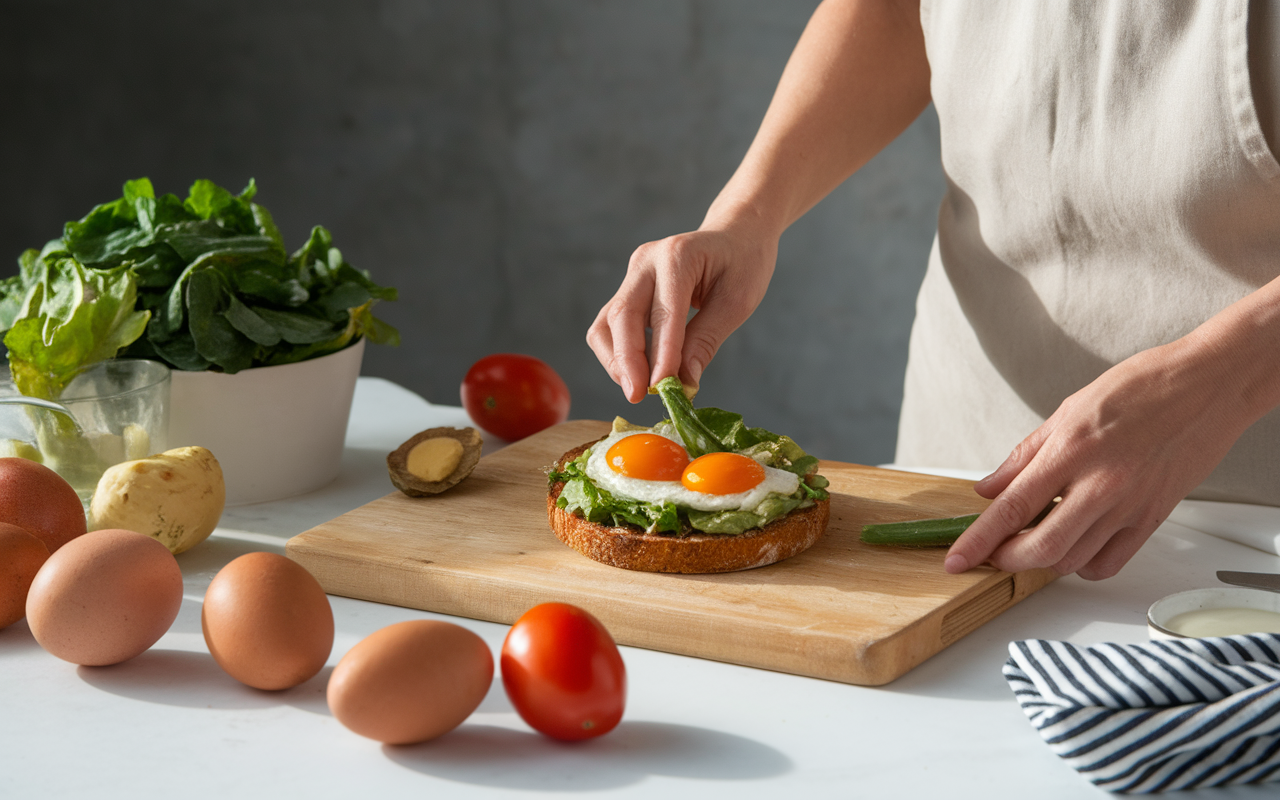 main prepare tartine healthy avocat oeuf tomate pain complet
