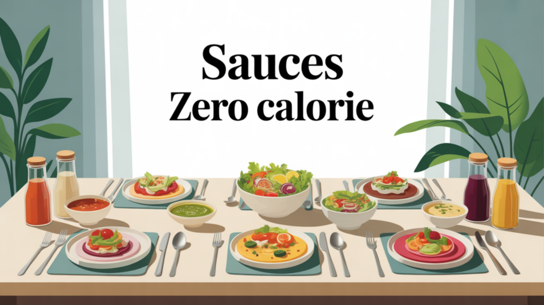 Table moderne avec sauces zero calorie et plats dietetiques