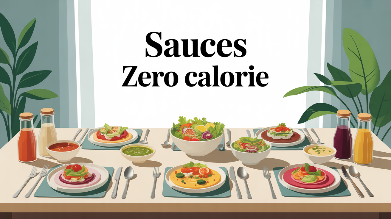 Table moderne avec sauces zero calorie et plats dietetiques