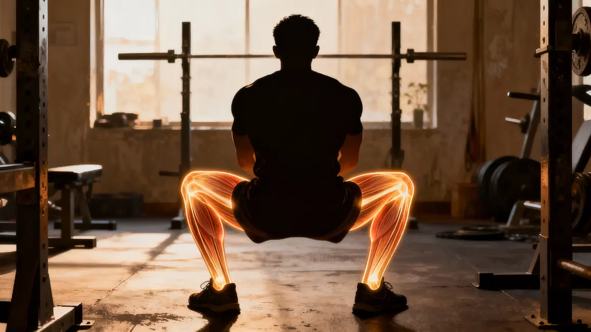 Silhouette squat profond, articulation et muscles en gym