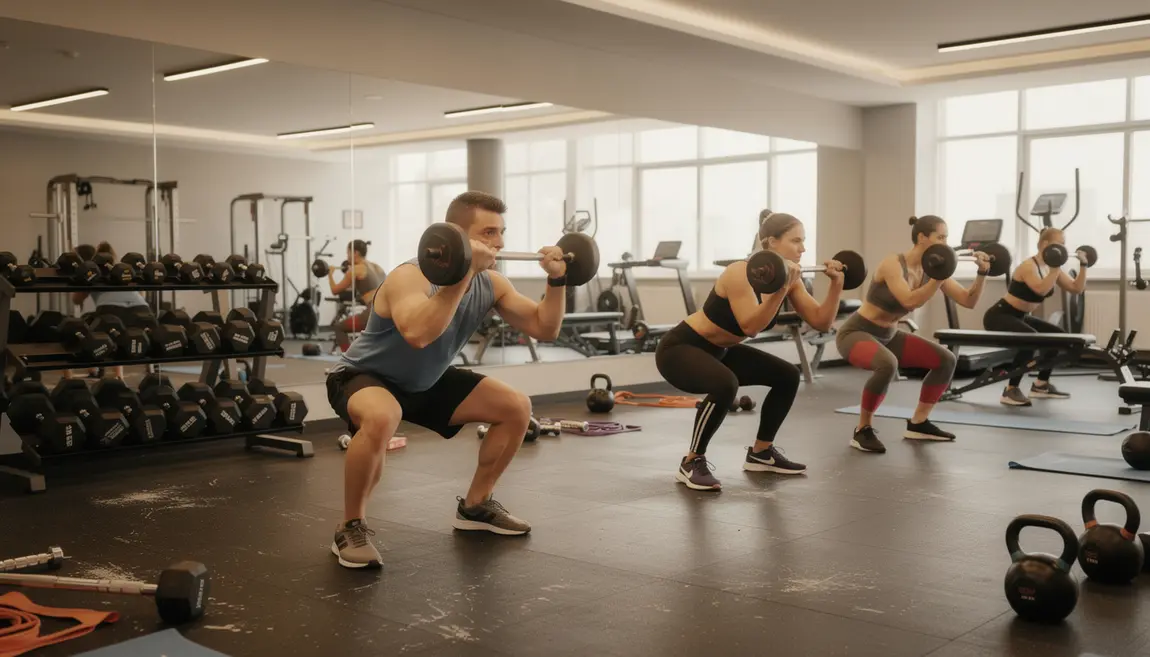 Espace fitness, squats techniques sécurisés, posture parfaite