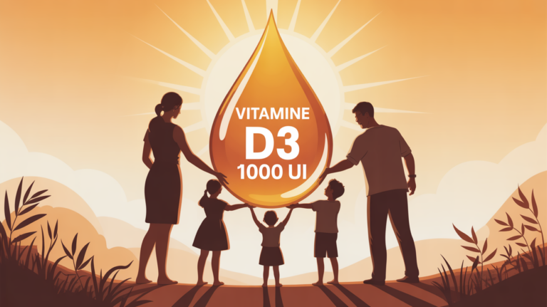 Famille tenant une goutte d'huile sous le soleil, vitamine D3 1000 UI