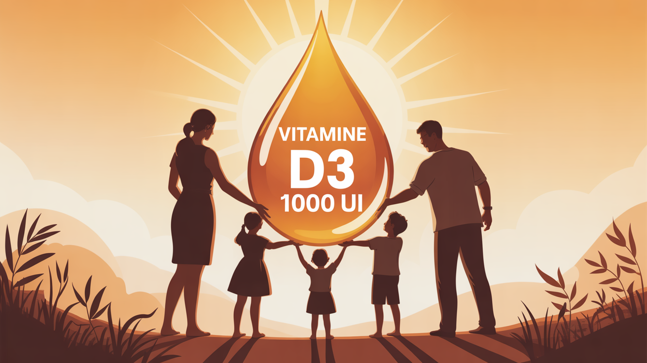 Famille tenant une goutte d'huile sous le soleil, vitamine D3 1000 UI