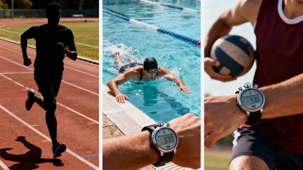 Coureur nageur ballon avec chronomètre sport