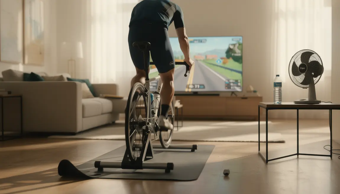 Cycliste sur home trainer connecté moderne avec écran parcours virtuel