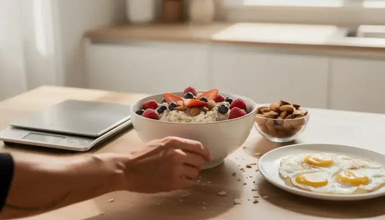 Petit déjeuner sèche sain flocons d'avoine amandes oeufs fruits rouges matinée sportive