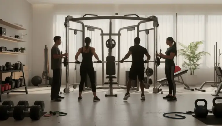 station poulie musculation maison moderne exercice silhouettes