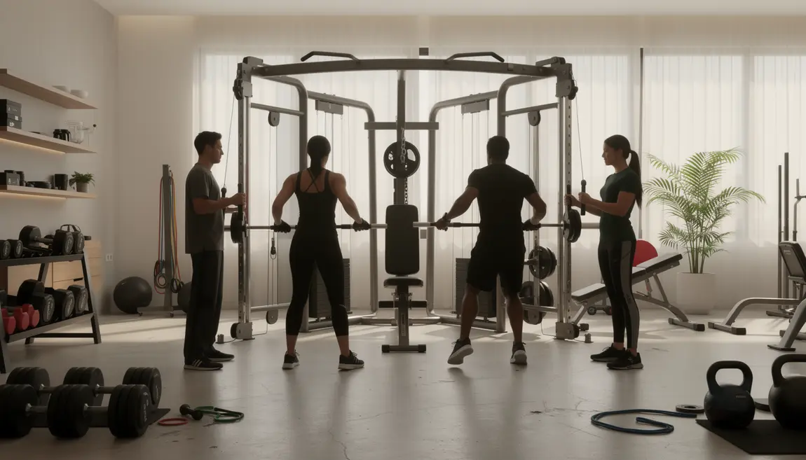 station poulie musculation maison moderne exercice silhouettes