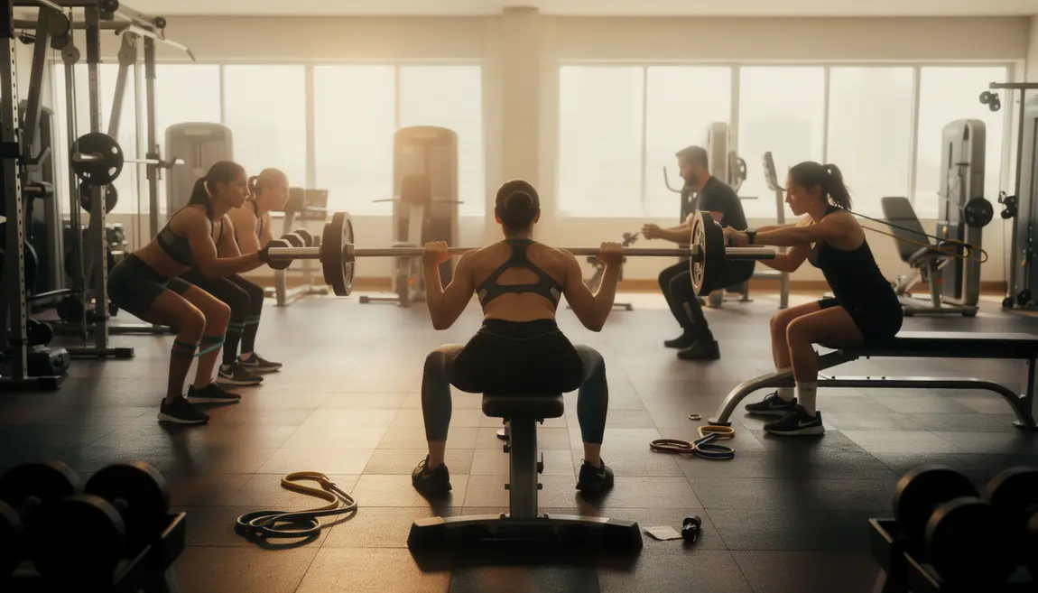 Groupe hommes femmes squats hip thrust abductions salle musculation