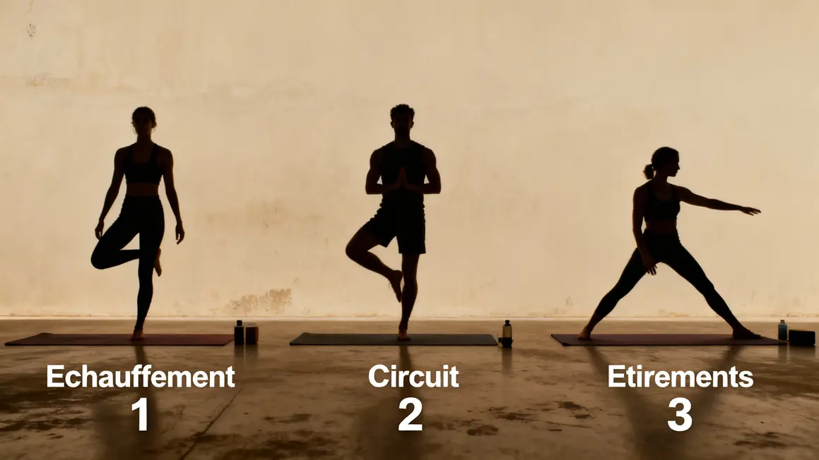 phases échauffement circuit étirement cardio maison