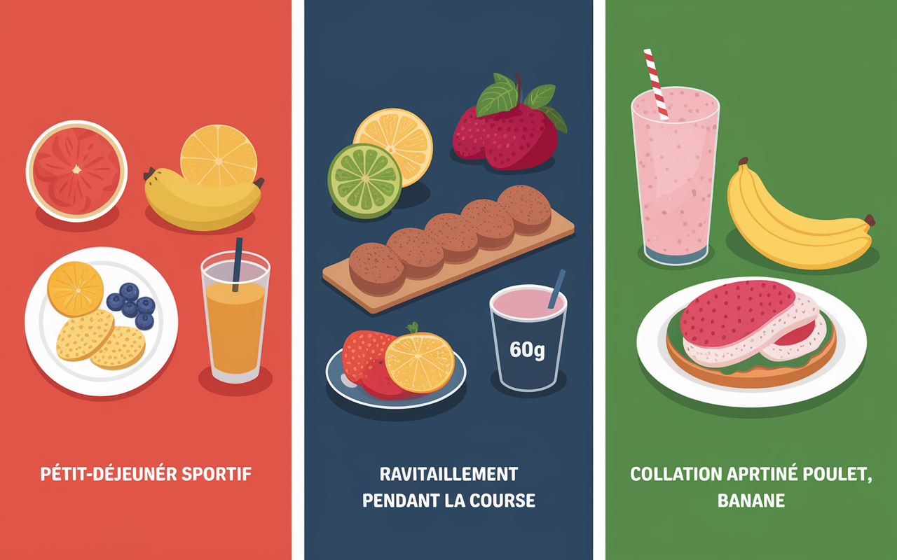 Alimentation course a pied scenes avant pendant apres course