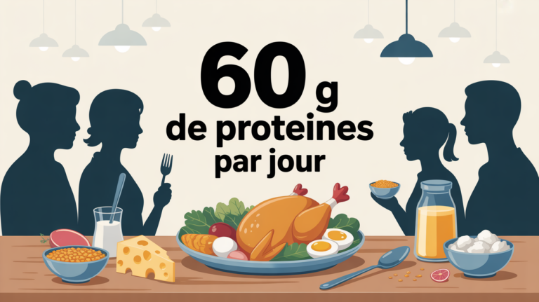 comment manger 60 g de proteine par jour assiette stylisee avec aliments principaux
