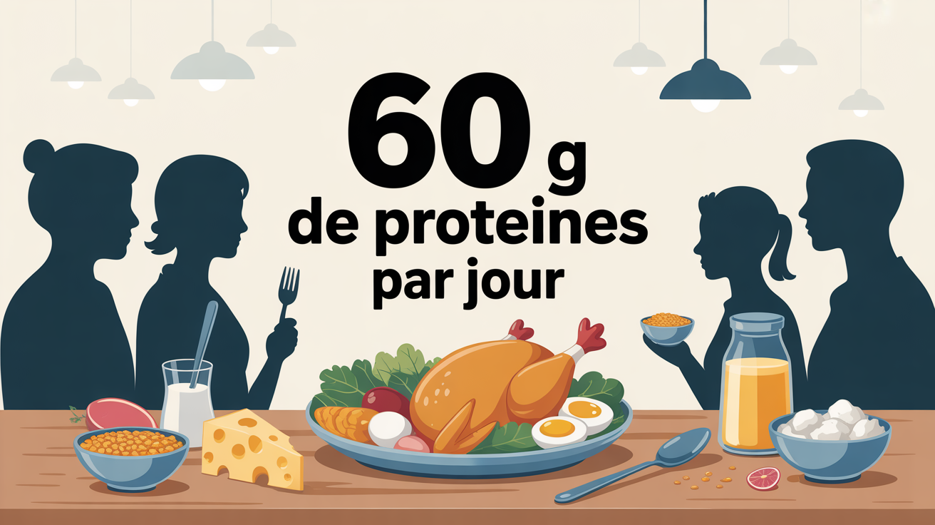 comment manger 60 g de proteine par jour assiette stylisee avec aliments principaux