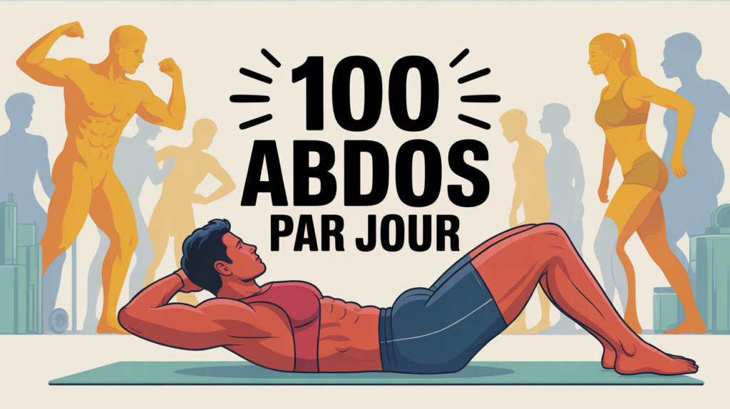 Personnage fait des abdos, silhouettes progression, texte 100 abdos par jour