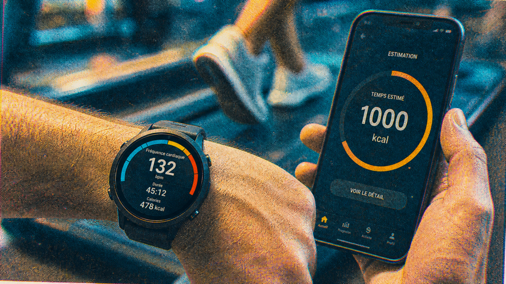 Bruler 1000 calories par jour : montre sport et “1000 kcal” sur smartphone